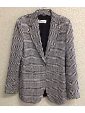 Max Mara Italy Blazer Womens Size Medium Black Houndstooth Career Gold Buttons